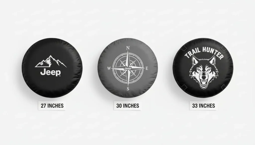 27 30 33 inch spare tire covers flat lay size comparison