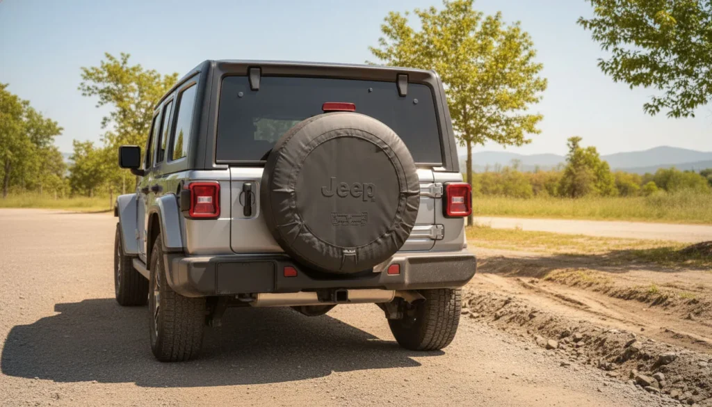 33 inch spare tire cover on lifted Jeep Wrangler off-road tire