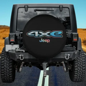 4xe Jeep multi-color spare tire cover without camera hole on Jeep Wrangler rear