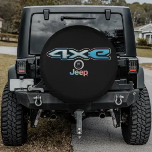 4xe Jeep multi-color spare tire cover with camera hole on Jeep Wrangler rear