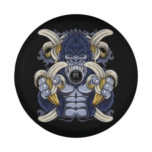 Close-up of angry gorilla monkey holding bananas spare tire cover design