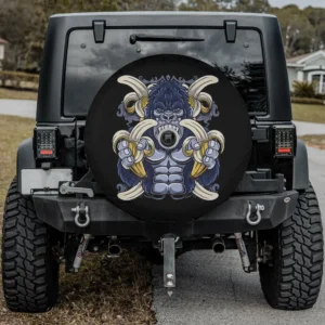 Angry gorilla monkey bananas spare tire cover with camera hole on Jeep rear