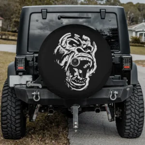 angry white line art gorilla open mouth spare tire cover with camera hole
