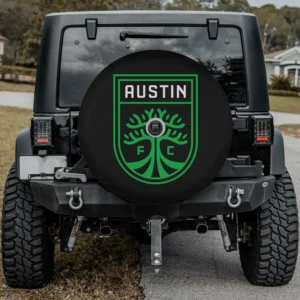 Austin FC tree logo MLS spare tire cover on Jeep with camera hole