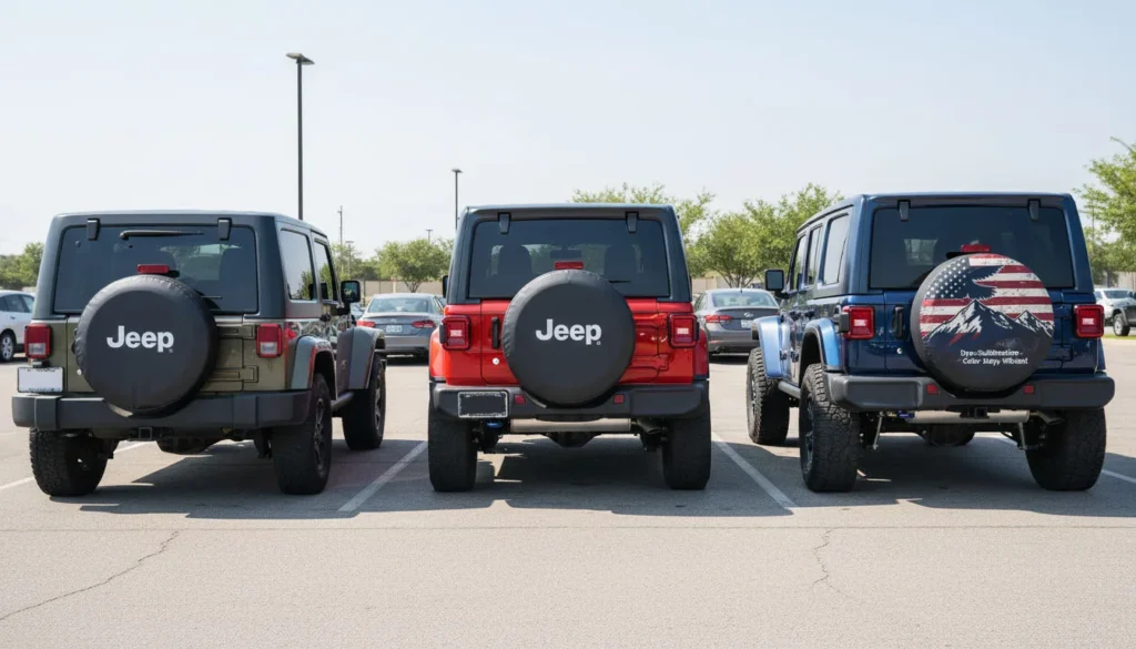 best spare tire covers Jeep Wrangler TJ JK JL stock vs lifted size comparison