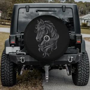 Black horse portrait Friesian horse spare tire cover with camera hole on Jeep