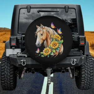 Blonde horse with sunflowers and butterflies spare tire cover for Jeep or RV, no camera hole