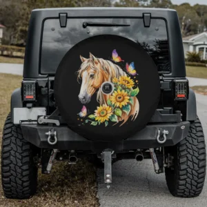 Blonde horse sunflower butterfly horse spare tire cover with backup camera hole for SUV