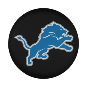 Blue lion NFL fan gear spare tire cover design closeup on black background