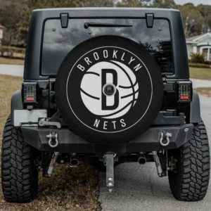 Brooklyn Nets logo basketball spare tire cover with camera hole on Jeep rear
