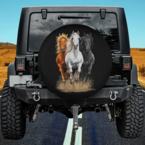 Brown white black running horses western country spare tire cover with no camera hole for Jeep SUV RV