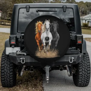 Brown white black running horses western country spare tire cover with backup camera hole for Jeep SUV RV