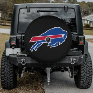 Buffalo Bills blue red logo NFL spare tire cover with camera hole on Jeep rear