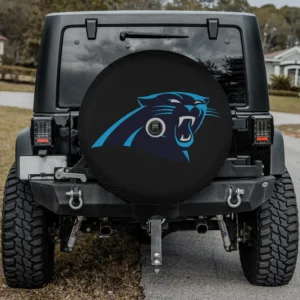 Carolina Panthers roaring cat NFL spare tire cover with camera hole on Jeep