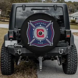 Chicago Fire logo MLS team collectibles spare tire cover on Jeep with camera hole