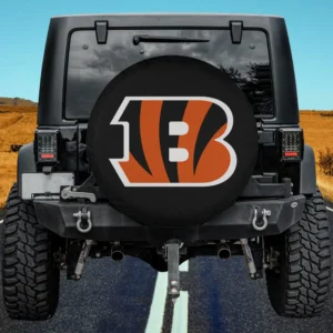 Cincinnati Bengals tiger stripes NFL spare tire cover on Jeep without camera hole