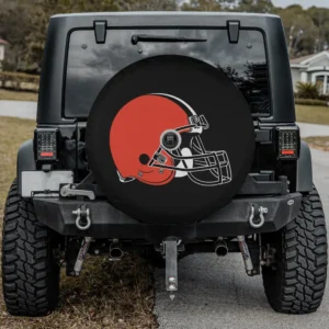 Cleveland Browns football helmet spare tire cover with camera hole on Jeep