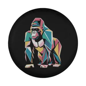 Close-up of colorful geometric gorilla design on spare tire cover