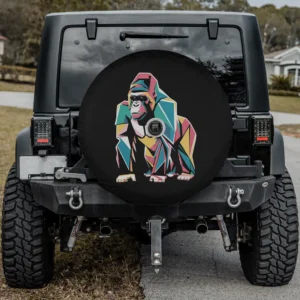 Colorful geometric gorilla spare tire cover with camera hole on Jeep