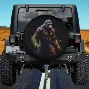 Colorful gorilla artwork animal spare tire cover on Jeep without camera hole