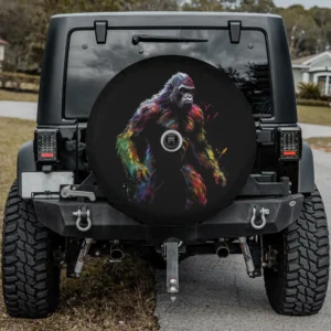 Colorful gorilla artwork animal spare tire cover on Jeep with backup camera hole
