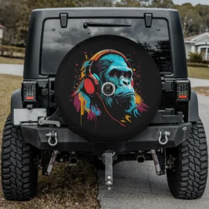 Colorful headphones graffiti gorilla music spare tire cover with camera hole for SUV