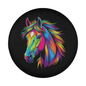 colorful pop art neon mane horse head illustration for tire cover
