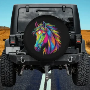 colorful pop art neon mane horse spare tire cover on Jeep outdoors