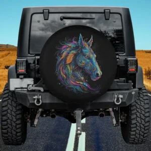 Colorful psychedelic horse spare tire cover without camera hole on Jeep