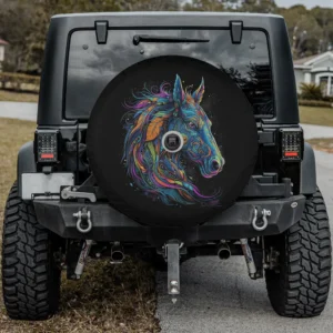 Colorful psychedelic horse spare tire cover with camera hole on Jeep