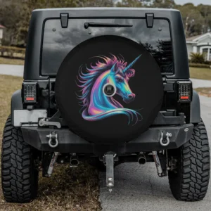 colorful tie-dye unicorn horse neon spare tire cover with camera hole