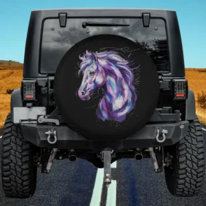 Colorful watercolor purple horse head spare tire cover on Jeep