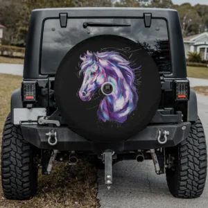 Colorful watercolor purple horse head spare tire cover with camera hole