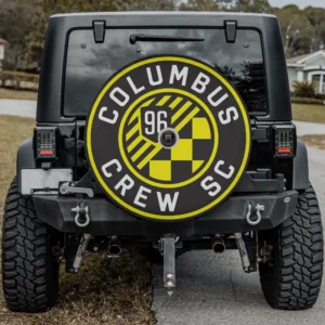 Columbus Crew SC logo spare tire cover with backup camera hole on Jeep