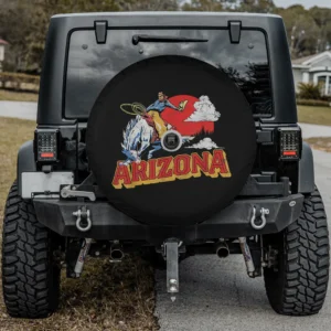 Cowboy bucking bronco Arizona spare tire cover with backup camera hole, vintage Western design, perfect for Ford Bronco 2021+ with factory camera
