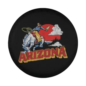 Vintage cowboy bucking bronco Arizona design with lasso, red sunset, white clouds, and classic Western typography on black spare tire cover