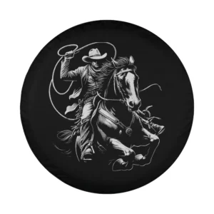 Monochrome cowboy lasso galloping horse western rodeo tire cover design art