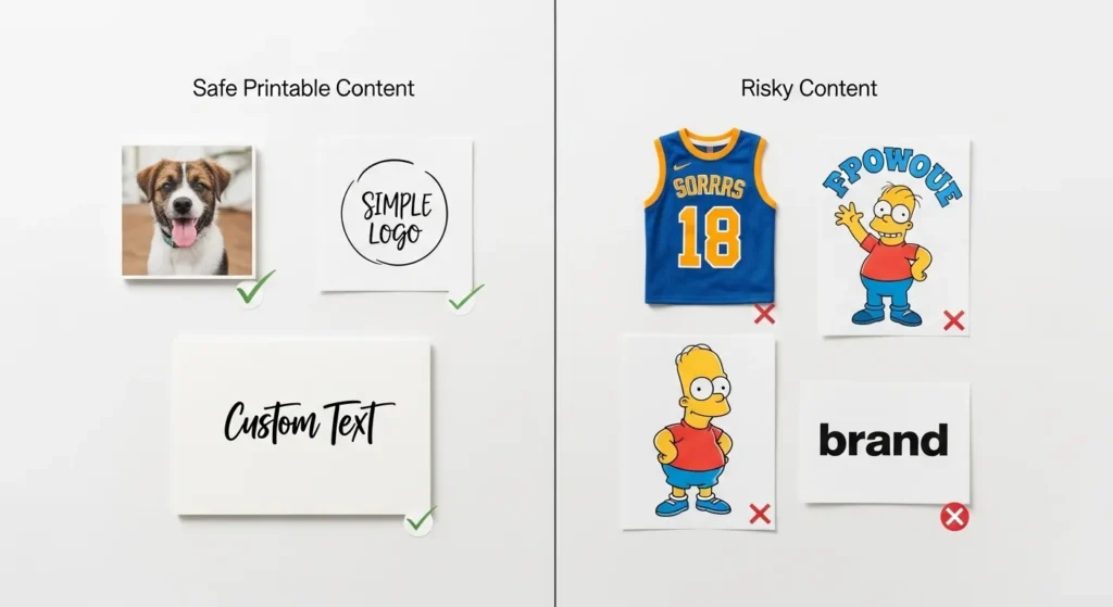 Custom spare tire cover copyright guide showing safe printable content vs copyright risk content