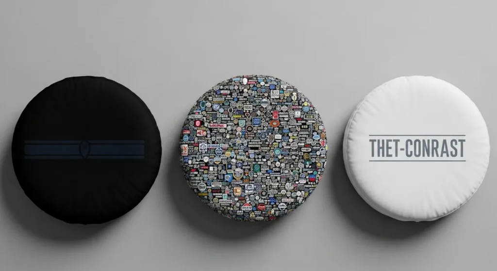 Custom spare tire cover design mistakes to avoid showing dark cluttered and low contrast examples
