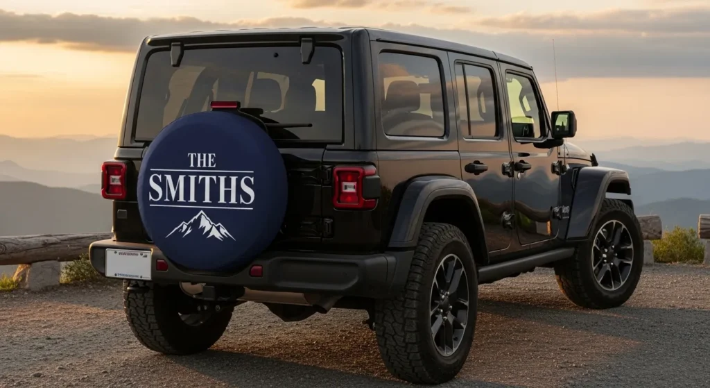 Custom spare tire cover gift with family name design on black Jeep Wrangler at mountain overlook