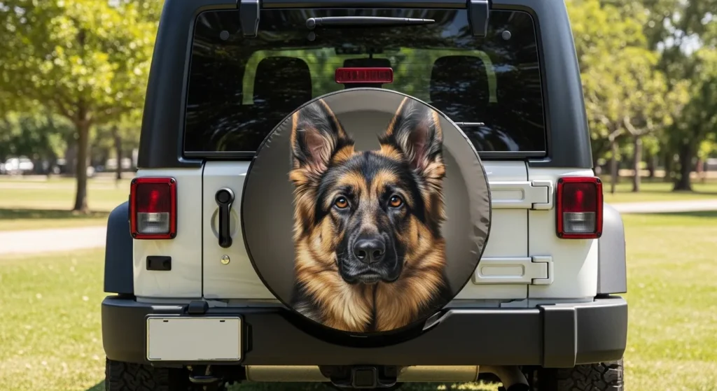 Custom spare tire cover with photorealistic German Shepherd dog portrait printed on Jeep Wrangler