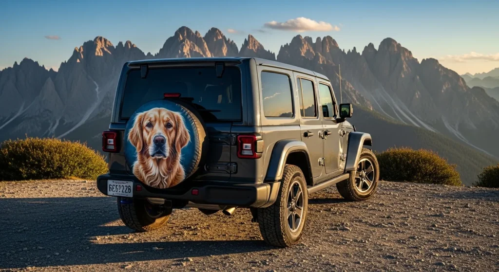 custom spare tire cover with dog photo on jeep wrangler