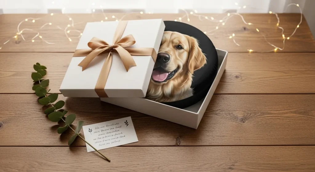 Custom spare tire covers as gifts showing personalized dog portrait cover in gift box on rustic table