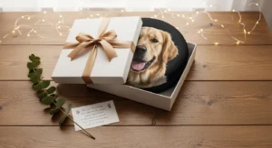 Custom spare tire covers as gifts showing personalized dog portrait cover in gift box on rustic table