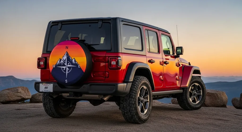 Custom spare tire covers for Jeep Wrangler showing mountain compass design at sunset overlook