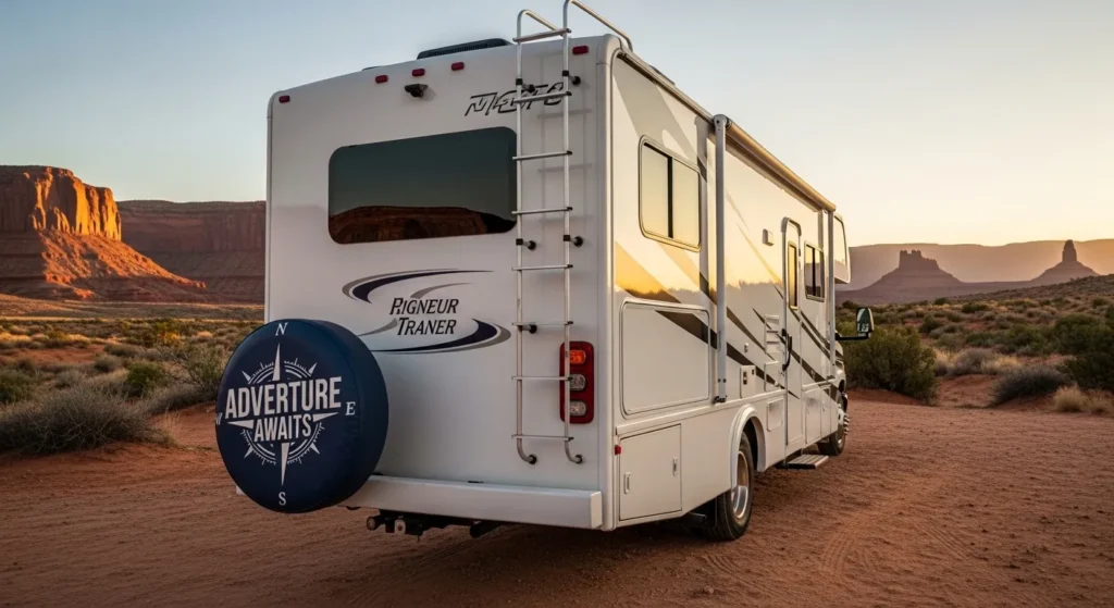 Custom spare tire covers for RV showing compass design on Class A motorhome at desert canyon sunset campsite