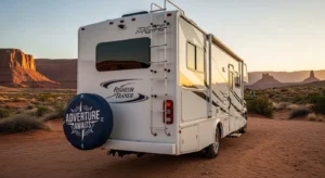 Custom spare tire covers for RV showing compass design on Class A motorhome at desert canyon sunset campsite