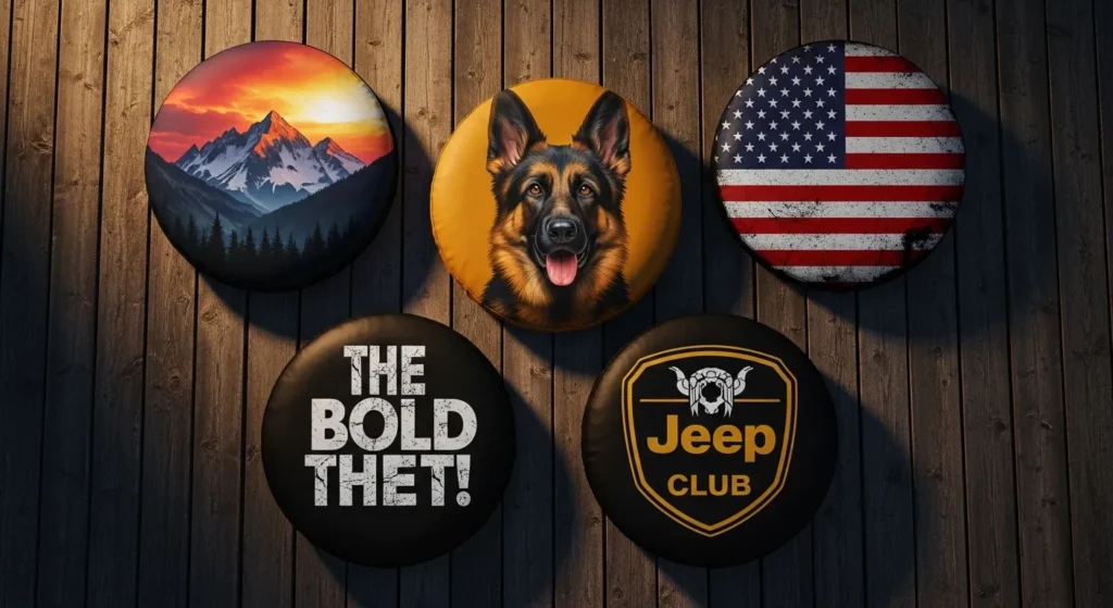 Custom spare tire covers for Jeep popular design themes including mountain landscape pet portrait American flag text and club logo