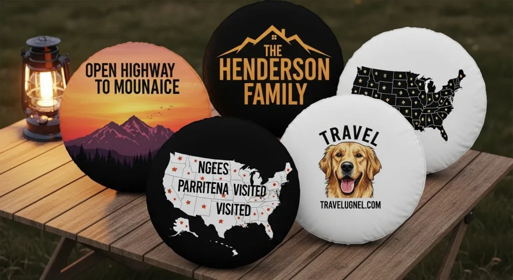 Custom spare tire covers for RV design themes showing travel highway family name map pet portrait and brand logo options