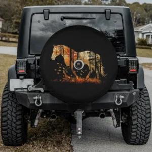 Cute horse lover autumn leaves pony spare tire cover with camera hole on Jeep rear